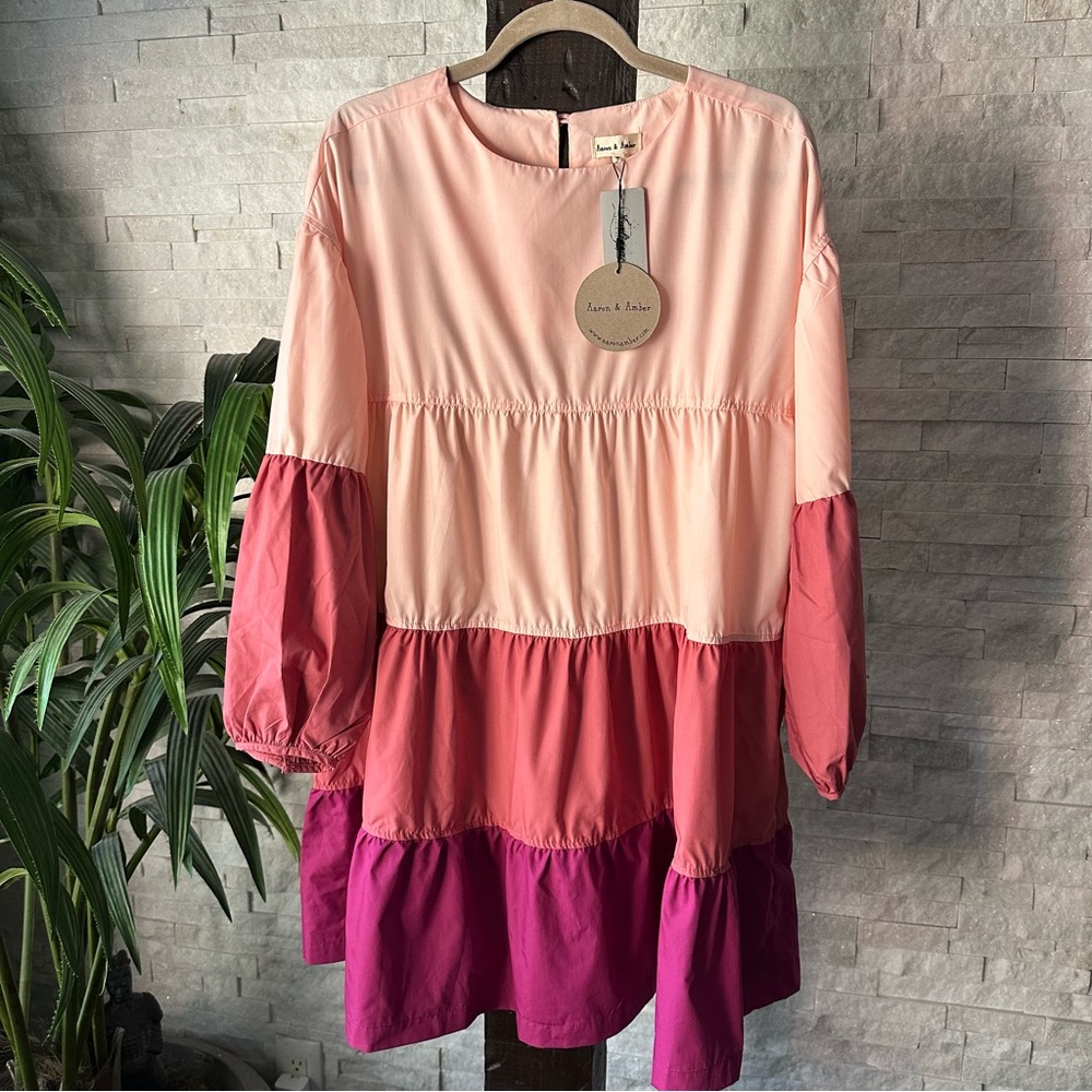 AARON & AMBER Tiered Cotton Colorblock Long Sleeve Dress New with Tags Size S